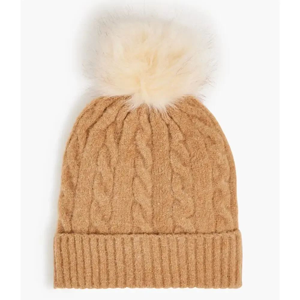 NWT J. CREW Pom Beanie Extra-Soft Yarn Tan Cream One Size Hat Wool Blend